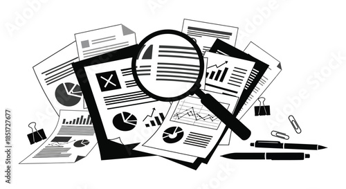 Analyzing data and reports with a magnifying glass papers and office supplies silhouette