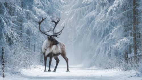 Majestic reindeer standing in winter forest with snowy pathway