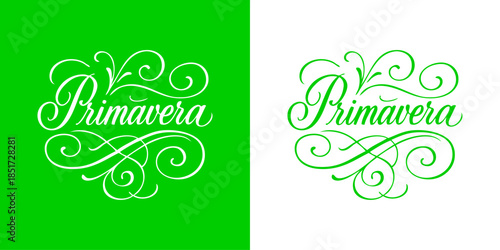 Logo con texto manuscrito en español Primavera con florituras de adorno en color verde