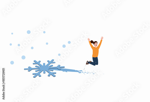 Joyful Child in Winter Attire Excitedly Jumping Near Large Snowflake with Scattered Snowballs
