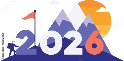 Celebrating the year 2026 with a mountain summit isolated on transparent background