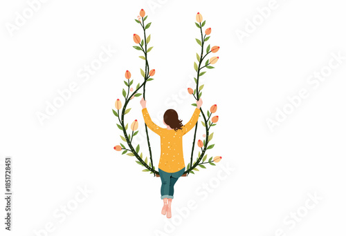 Illustration of a Child Swinging Joyfully on a Floral Vine Swing Surrounded by Delicate Blooming Flowers Against a Plain White Background
