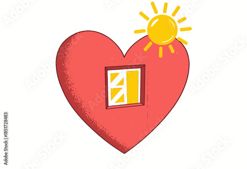 Illustration of a Heart with a Window and Sun Symbolizing Warmth, Growth, and Positivity