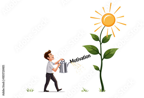 Illustration of a man nurturing a plant symbolizing motivation and growth by watering the plant with inspiration under a bright sun