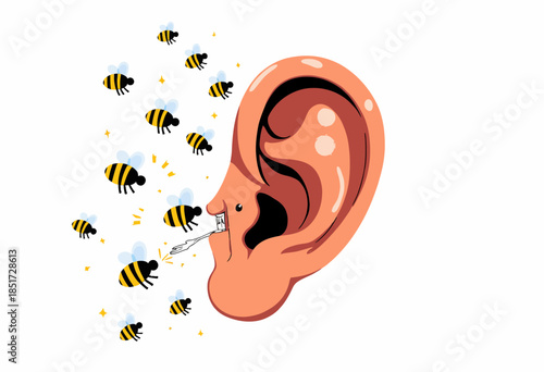 Illustration of an Ear with Bees Buzzing and Zipper Feature Highlighting Sound Conceptualization in a Unique Artistic Style
