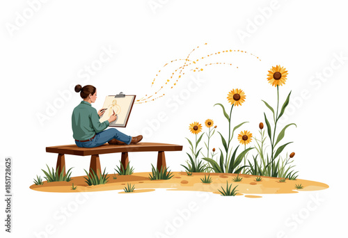woman sketching on a wooden bench surrounded by sunflowers in a peaceful outdoor garden, capturing nature's beauty with pencil and paper artistry