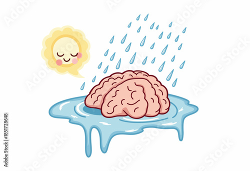 Illustration of a Brain Fleetingly Protected by Ice Under Sun and Rain Highlighting Climate Impact on Mental Health