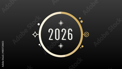 Illustration of the year 2026 inside a golden circle with stars on a dark gradient background