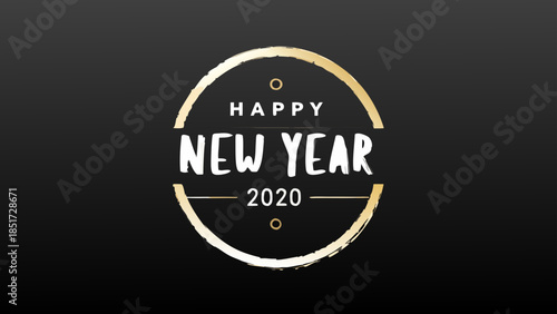 A new year celebration design with happy new year text and a golden circular border on a dark background