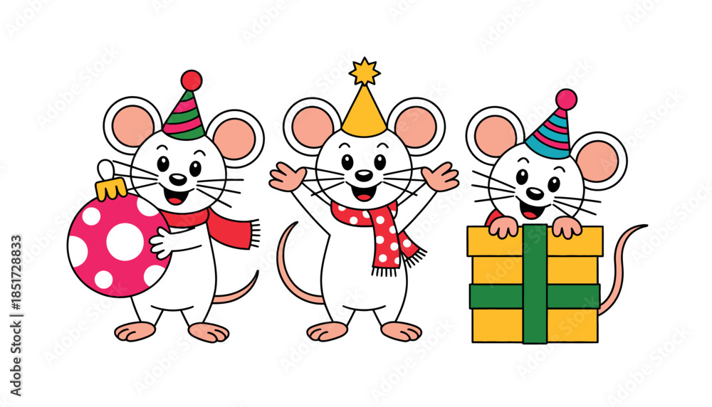 Naklejka premium Three Cartoon Mice Celebrating Christmas Party with Gifts and Ornaments