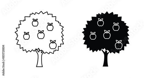 Two apple trees depicted in contrasting styles one light and one dark silhouette