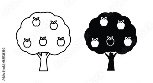 Contrasting apple trees depiction one outlined one fully dark a striking silhouette