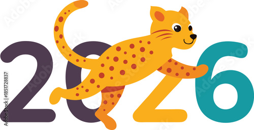 Playful cheetah celebrates 2026 isolated on transparent background