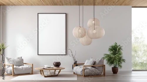 Modern living room interior with blank poster frame and natural elements