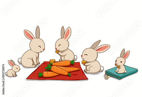 Adorable Family of Cartoon Bunnies Enjoying a Picnic with Fresh Carrots and Juices on a Colorful Blanket
