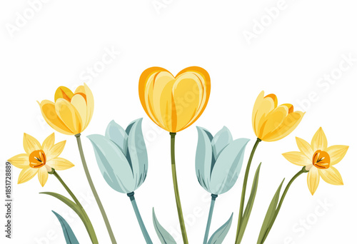 Wallpaper Mural Vibrant Spring Blooms: A Charming Assortment of Yellow and Blue Flowers Celebrating Nature's Beauty with Elegant Stems and Delicate Petals Against White Background Torontodigital.ca