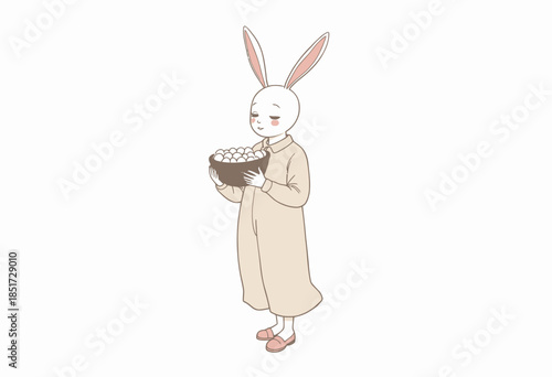 Comforting illustration of a humanoid white rabbit serenity depicted wearing a cozy beige outfit while holding a woven basket filled with white eggs in a peaceful pose