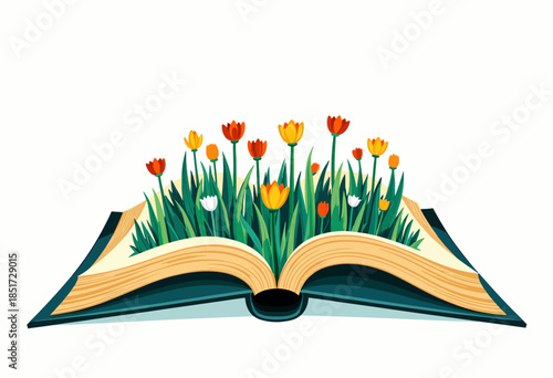 Vibrant floral garden blossoming from the pages of an open book, symbolizing creativity, growth, and the flourishing of knowledge through nature and literature