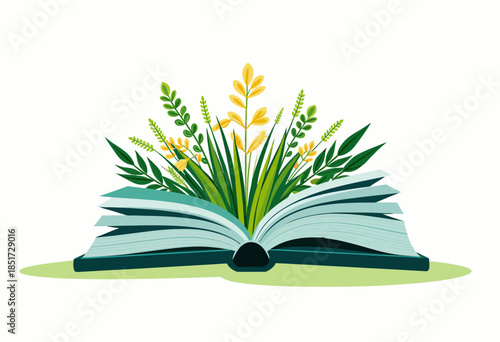 Open botanical book illustration with vibrant greenery and yellow flowers emerging from pages on a clean white background signifying growth and knowledge