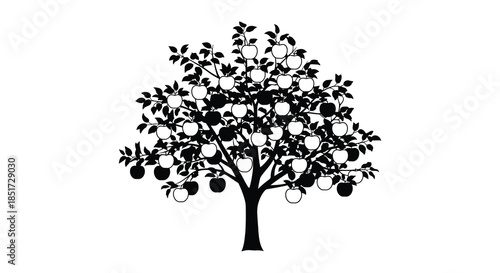 A detailed depiction of a tree laden with apples presented as a striking silhouette