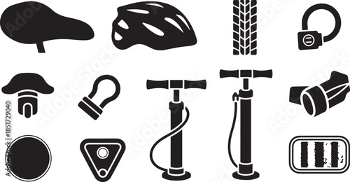 Bicycle parts and accessories icons set in black