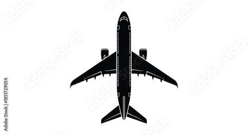 A top down view of a commercial passenger airplane in black silhouette