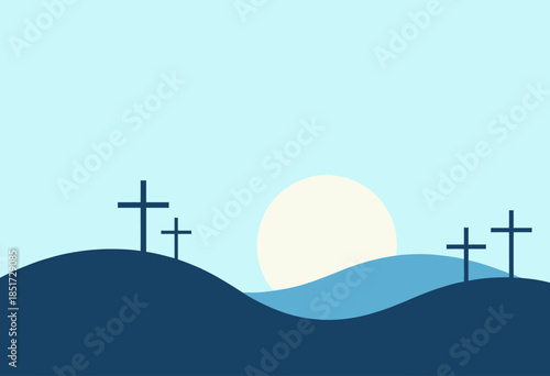 Silhouettes of Crosses on Rolling Hills During a Calm, Peaceful Sunset with Full Moon and Clear Sky in Minimalist Pastel Style