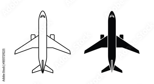 Two airplane depictions one outlined and one solid showcasing aerial transportation silhouette