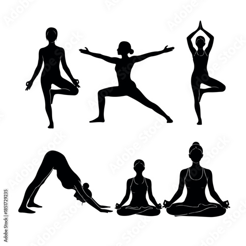 Silhouettes of women in various yoga poses promoting health and wellness.
