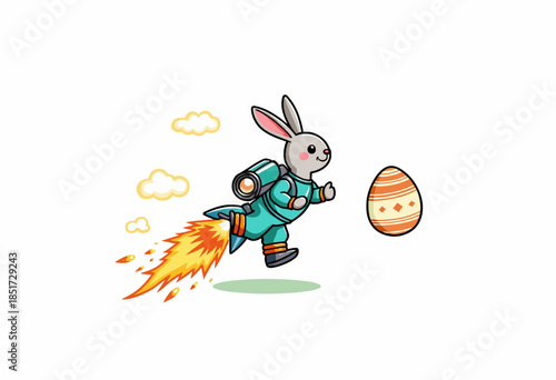 Illustration of a Bunny Wearing a Jetpack Racing Towards a Patterned Easter Egg in a Colorful Cartoon Style