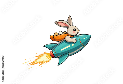 Illustration of a cute bunny astronaut riding a futuristic blue rocket through space with a carrot-shaped backpack and vibrant starry sky as a backdrop