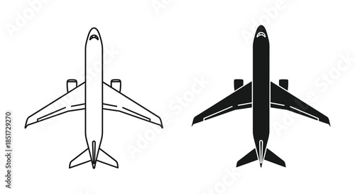 Two airplanes presented in contrasting styles one white outline and one dark silhouette
