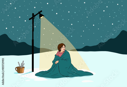 Illustration of a Solitary Figure Sitting Under a Streetlight in a Snowy Mountain Landscape at Night with a Starry Sky