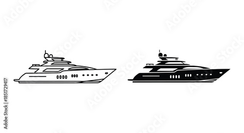 Two luxury yachts presented in a striking black and white design silhouette