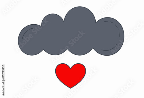 Symbolic Representation of a Gray Cloud Hovering Above a Vibrant Red Heart on a Simple White Background
