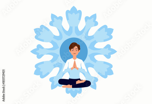 Meditative Pose Amidst a Calming Blue Snowflake Symbolizing Serenity and Mindfulness with a Harmonious Blend of Nature and Inner Peace