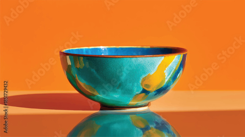 A colorful ceramic bowl with a glossy turquoise and yellow finish sits on a reflective surface against an orange background