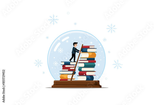 Illustration of a Person Climbing a Ladder on a Tower of Books Inside a Snow Globe, Symbolizing the Journey of Knowledge and Academic Growth