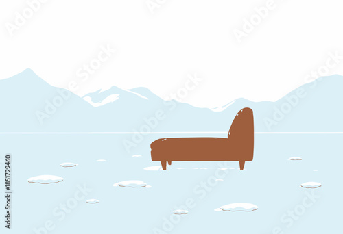 Serene Winter Landscape with Minimalistic Brown Couch on Ice in Front of Snow-Capped Mountains and Clear Sky