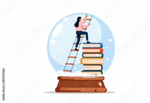 Young woman on ladder reaching for clouds in a glass dome atop a stack of books representing imagination, dreams, and the endless pursuit of knowledge through study