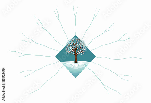 Artistic representation of a solitary tree in winter with abstract geometric design, featuring delicate branches extending from a diamond-shaped background