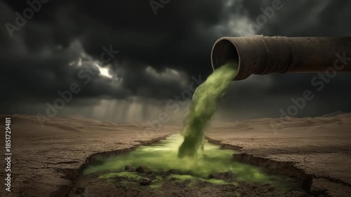 Polluted liquid draining from pipe into arid terrain under dramatic sky