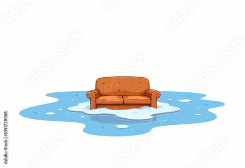 Illustration of a Couch Surrounded by Water Puddle Symbolizing Flooding or Leakage in a Household Setting with Minimalist Design