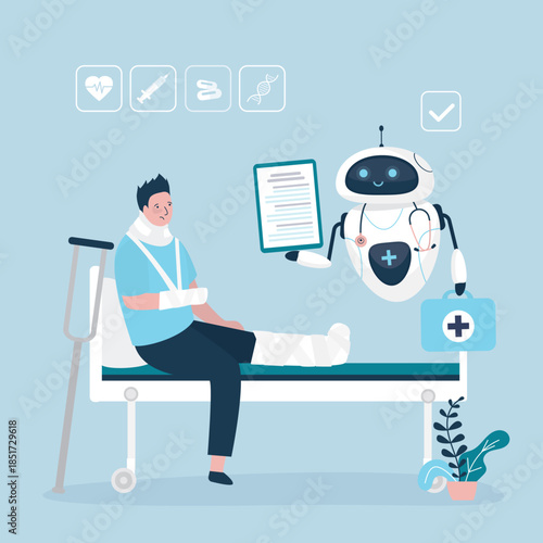 Sad man with broken arm and leg in cast with crutch and neck brace. Limb fracture. Medical AI chat bot makes a diagnosis. Trauma