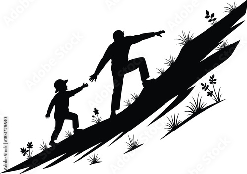 Father and child silhouettes climbing uphill together, parenting guidance concept, helping family journey isolated on white background, motivation illustration vector