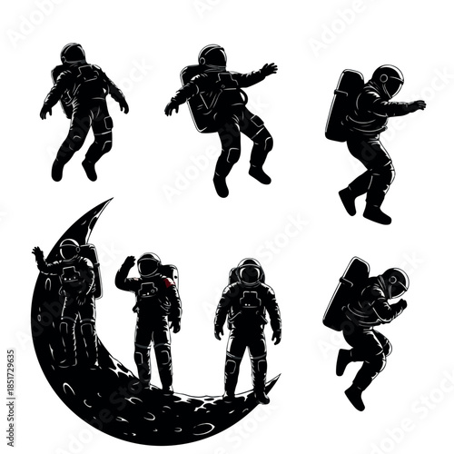 Astronauts in various poses including floating in space and standing on the moon.