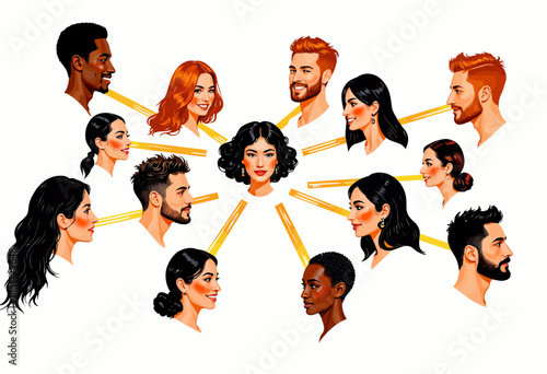 Illustration of Diverse Community Members Connecting through Creative Communication and Radiating Positivity with Unified Focus on Central Individual