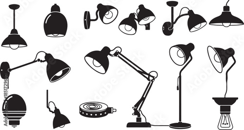 Variety of modern lamps and lighting fixtures on white