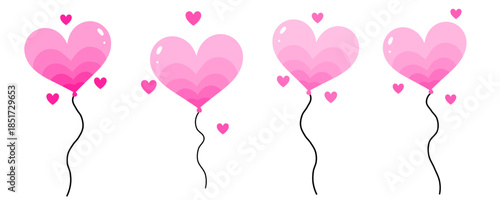 Pink heart shaped balloons with glossy highlights and small floating hearts isolated on white background representing love romance celebration and valentines day.