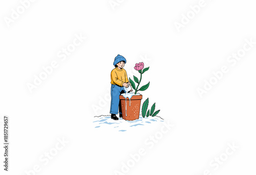 Person Engaging in Gardening by Watering Potted Plant Under Blue Sky on a Snowy Winter Day Wearing Warm Clothing